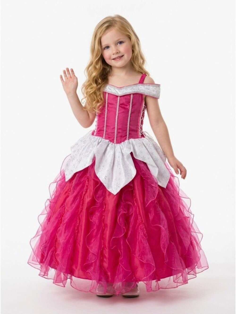 Girls Aurora Sleeping Beauty Princess Costume Dress Hot Pink Silver Organza Birt